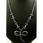 Rose Quartz Beads Hematite Dragonfly Pendant Chain Choker Necklace
